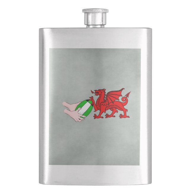 Wales Rugby Team  Dragon With Rugby Ball Flask (Front)