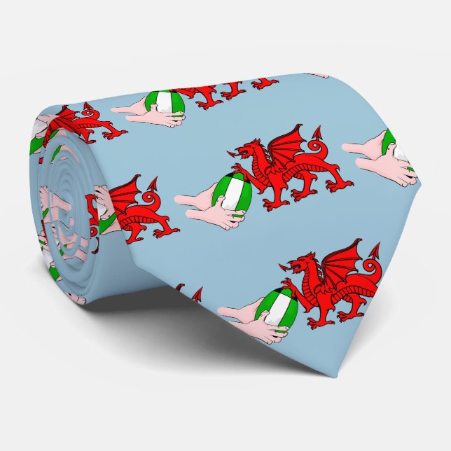 Wales Rugby Team  Dragon With Rugby Ball Neck Tie (Rolled)