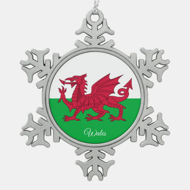 Wales snowflake, Dragon, Welsh Flag Snowflake Pewter Christmas Ornament (Front)