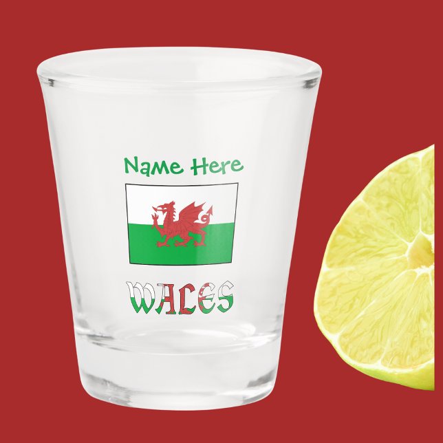 Wales Welsh Flag Green Personalization  Shot Glass (Welsh Flag on shot glass with the word WALES below in flag colors. Add name above in green text.)