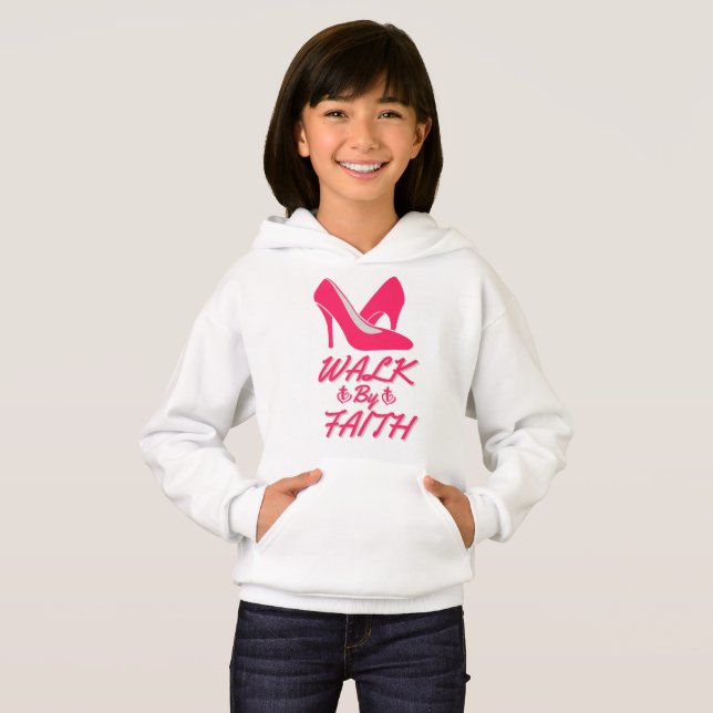 Walk By Faith Hot Pink Bible Quote Girl's Hoodie (Front Full)