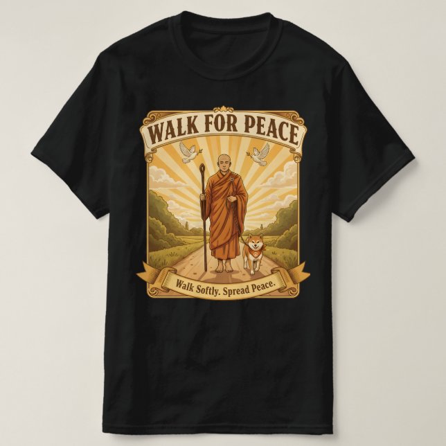 Walk for Peace: Monk and Dog T-Shirt (Design Front)