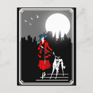 Walk In The Moonlight Vintage Art Deco Lady Postcard