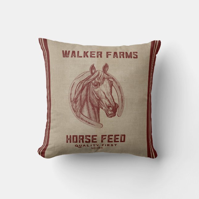 Walker Farms Horse Feed Sack Throw Pillow (Front)