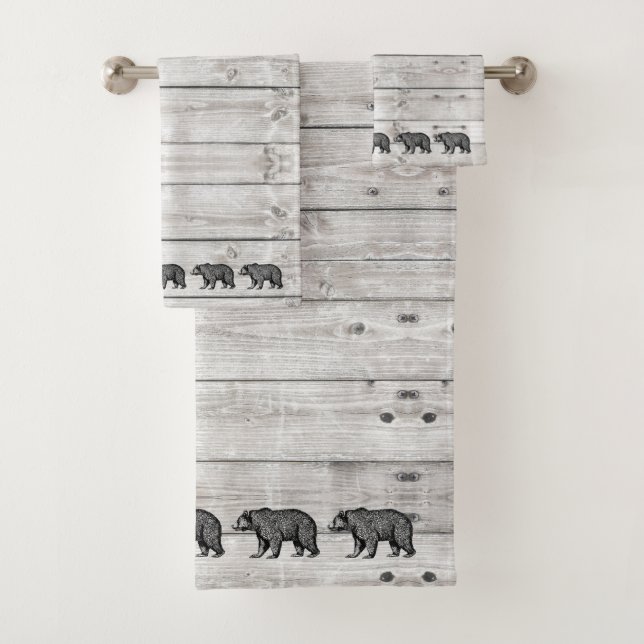 Walking Bear Gray Wood Pattern Bath Towel Set (Insitu)