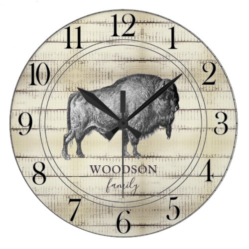 Walking Bison Buffalo Rustic Wood Family Name Large Clock