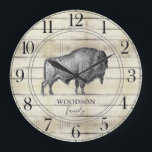 Walking Bison Buffalo  Rustic Wood Family Name Large Clock<br><div class="desc">Rustic white washed barn wood walking bison buffalo family name large clock for your cabin,  lake house,  tiny house or any rustic woodlands,  wilderness,  or country setting. The stylish script and serif typeface contrasts gives this design a contemporary rustic vibe.</div>