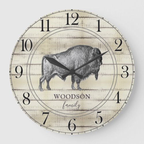 Walking Bison Buffalo  Rustic Wood Family Name Large Clock