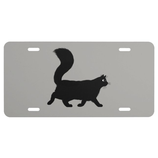 Walking Black Cat | Cool Kitty with Fluffy Tail License Plate (Front)