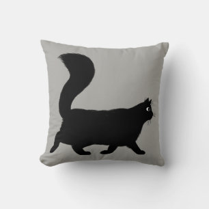Walking Black Cat Cool Kitty with Fluffy Tail Throw Pillow
