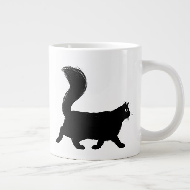 Walking Black Cat with Long Fluffy Tail Giant Coffee Mug (Right)