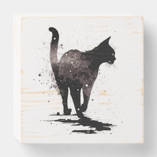 Walking Cat Silhouette Black on White Wooden Box Sign (Front Horizontal)