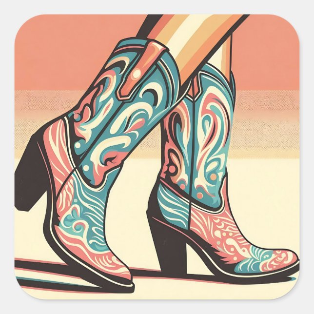 Walking Cowgirl Pink and Blue Boots Pop Art Square Sticker (Front)
