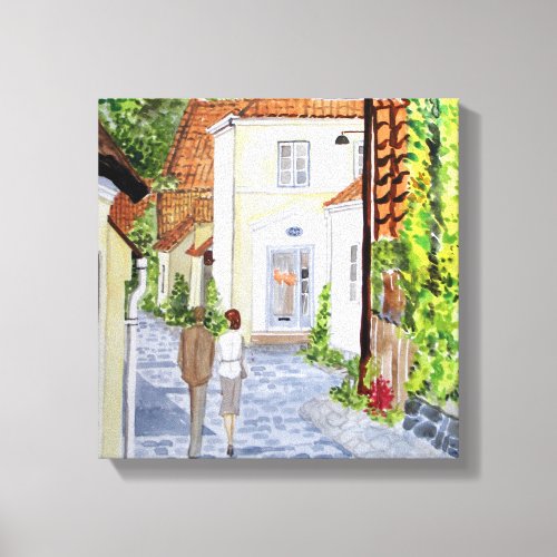 Walking Home Danish Townscape Acrylic Painting Canvas Print