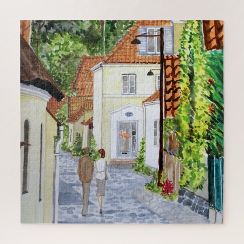 Walking Home Danish Townscape Acrylic Painting Jigsaw Puzzle