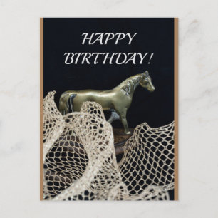 Walking horse in gold metal for a winner birthday  postcard