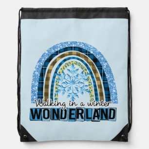 Walking in a Winter Wonderland   Blue Rainbow Drawstring Bag