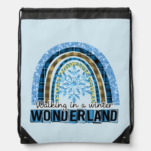 Walking in a Winter Wonderland  Blue Rainbow Drawstring Bag