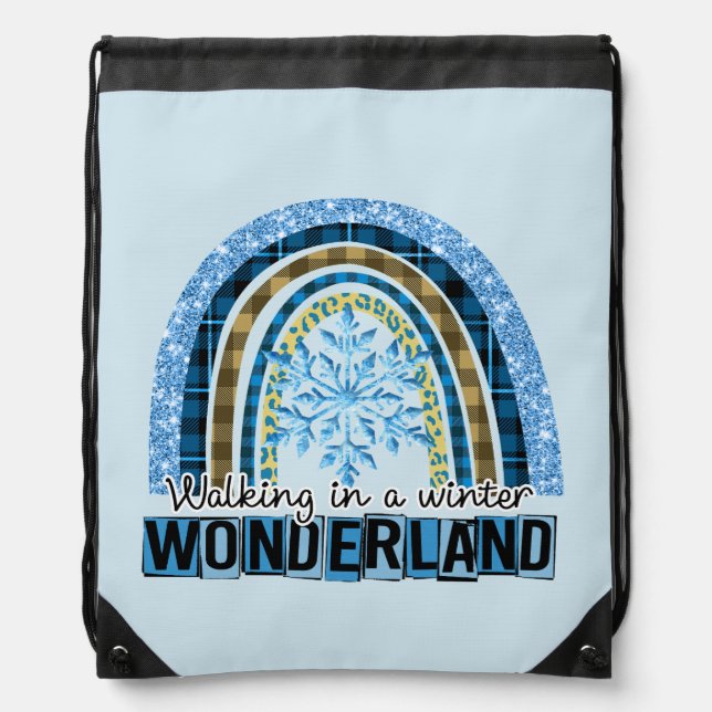 Walking in a Winter Wonderland | Blue Rainbow Drawstring Bag (Front)