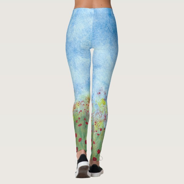 Walking in field of red poppies blue sky leggings (Back)