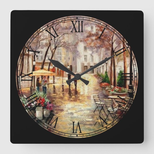 Walking in the Rain Fine Art Roman Numeral Square Wall Clock (Front)