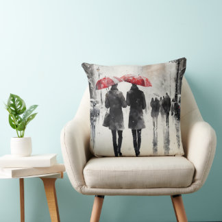 Walking in the Rain Watercolor Throw Pillow