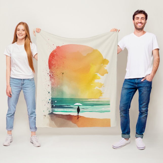 Walking into the Waves Abstract Beach Art Fleece Blanket (In Situ)
