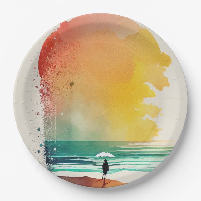 Walking into the Waves Abstract Beach Art Paper Plates (Front)