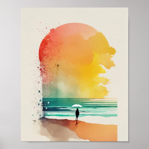 Walking into the Waves Abstract Beach Art Poster