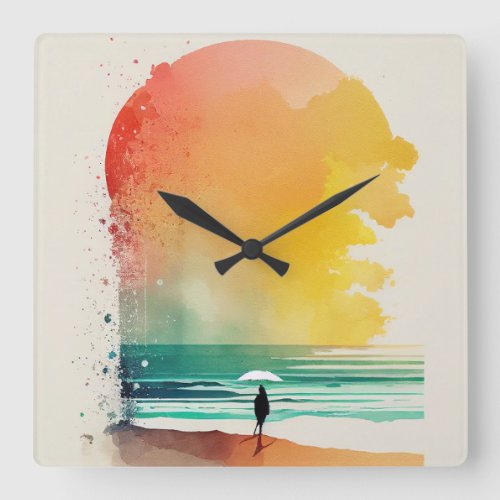 Walking into the Waves Abstract Beach Art Square Wall Clock