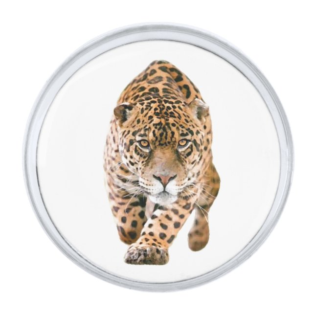 Walking Jaguar Eyes Silver Finish Lapel Pin (Front)