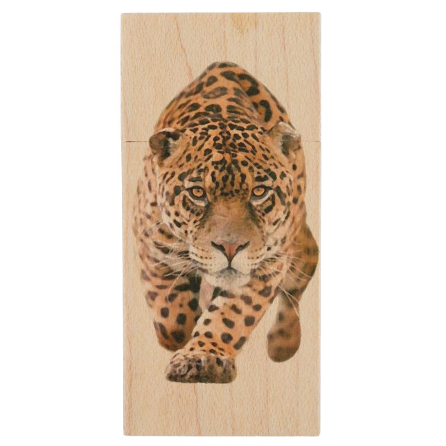 Walking Jaguar Eyes Wood Flash Drive (Front Vertical)