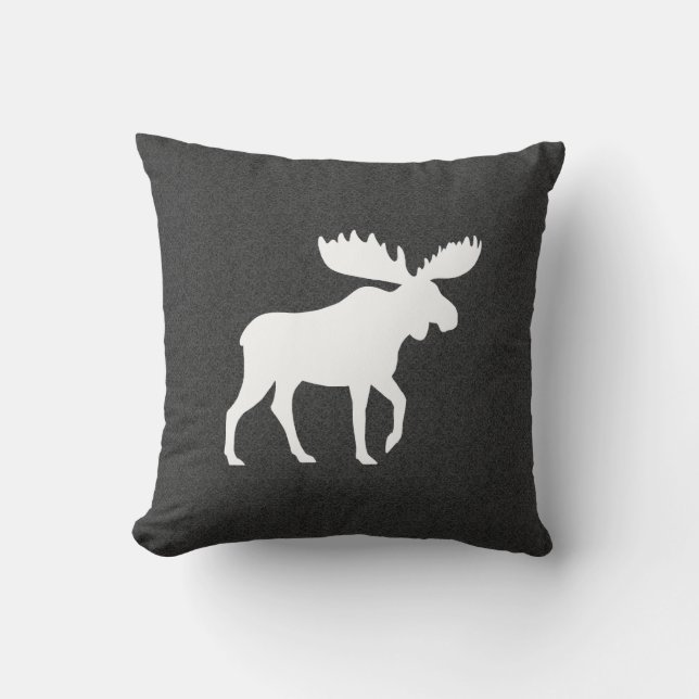 Walking Moose Silhouette Grey and White Throw Pillow (Front)