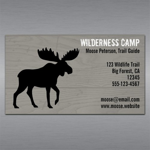 Walking Moose Silhouette on Faux Wood Grain Style Business Card Magnet