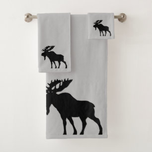 Walking Moose Silhouette On Gray Bath Towel Set