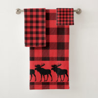 Walking Moose Silhouette Red Black Plaid Pattern 