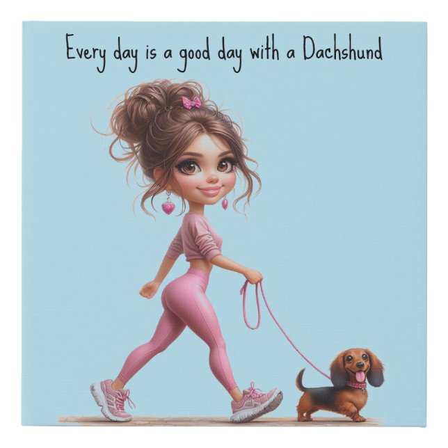 Walking My Dachshund Faux Canvas Print (Front)