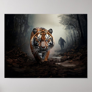 Walking Old black and orange tiger surreal forest Poster