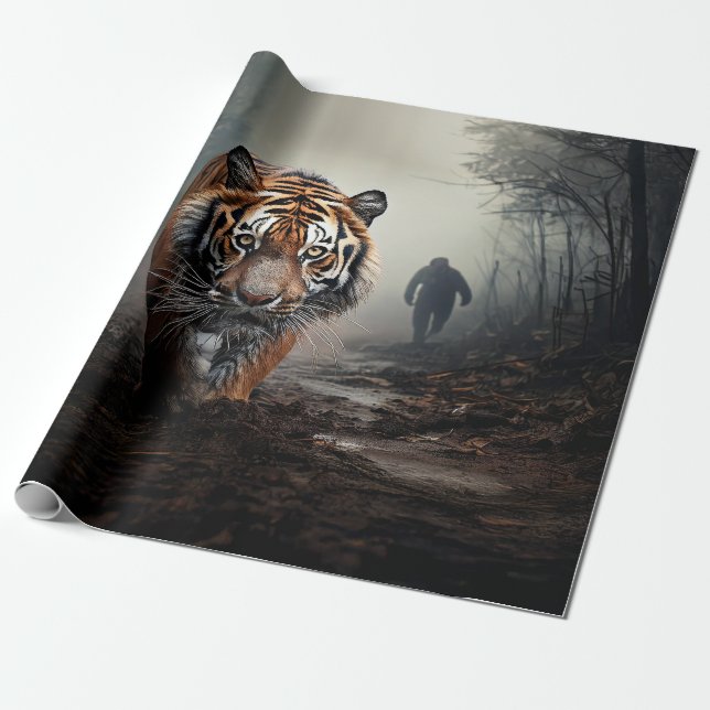 Walking Old black and orange tiger surreal forest Wrapping Paper (Unrolled)