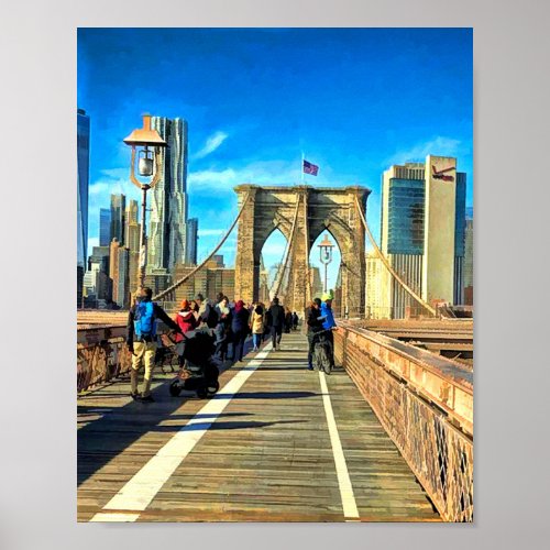 Walking the Brooklyn Bridge from Manhattan NYC Poster