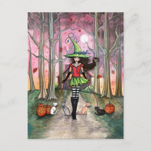 Walking the Cats Halloween Witch Postcard