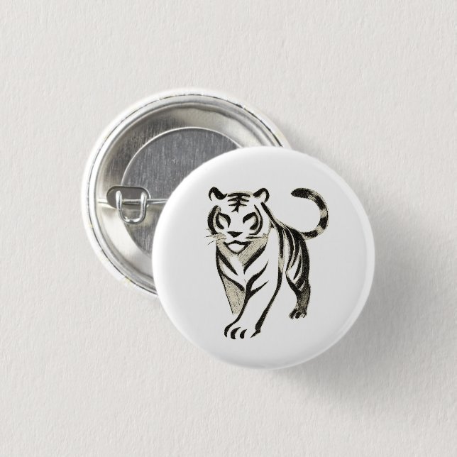 Walking Tiger Drawing - Ink Brush Design on  Button (Front & Back)