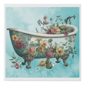 wall art, bathtub, flowers, bathroom, watercolor faux canvas print