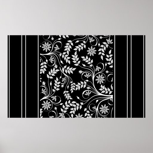 Wall Art Black White Stripe Damask Floral (2) Poster | Zazzle