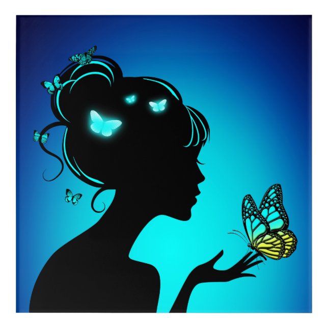 Wall Art In Acrylic The Woman Butterflies Blue (Front)