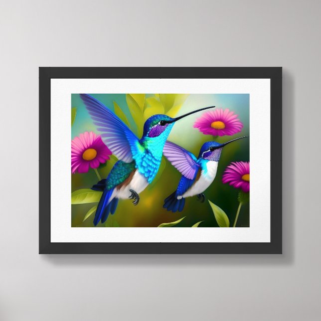 Wall Art Poster 16"x12" Hummingbirds in Flight (Framed Front)