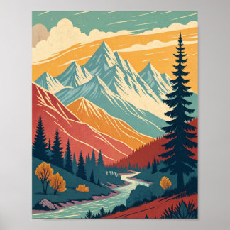 wall art poster retro mountains vibrant colors