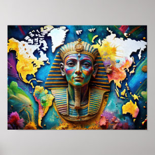 Wall Art Water Color Pharoah Face on World Map