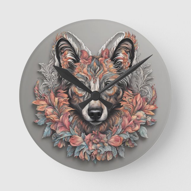 Wall Clock, 8" “Floral Majesty wolf Clock” Round Clock (Front)