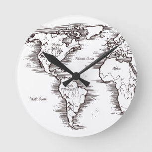 Wall Clock - B/W World Map USA Africa Europe